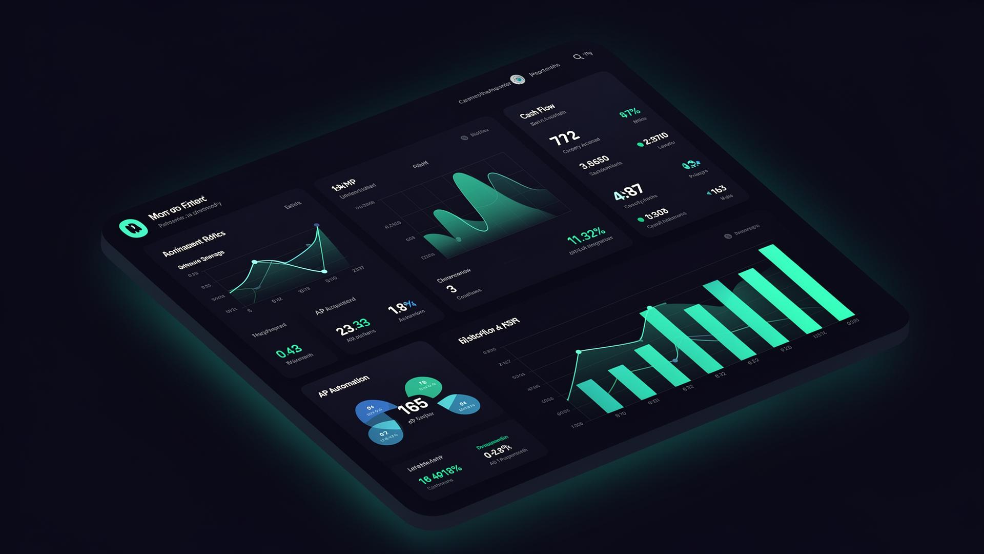 Modern CFO dashboard showing AP automation metrics, cash flow, and finance KPIs